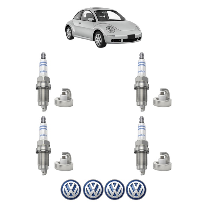 Set 4 Bujii Scanteie Volkswagen NEW BEETLE (9C1, 1C1) 2.5 150 CP din 2005 - 2010, bujie motor, Bosch, 4x Stickere auto cu Volkswagen