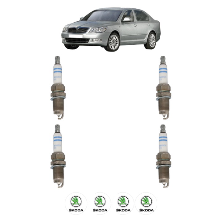 Set 4 Bujii Scanteie SKODA OCTAVIA II (1Z3) 1.2 TSI 105 CP din 2010 - 2013, bujie motor, Bosch, 4x Stickere auto cu SKODA