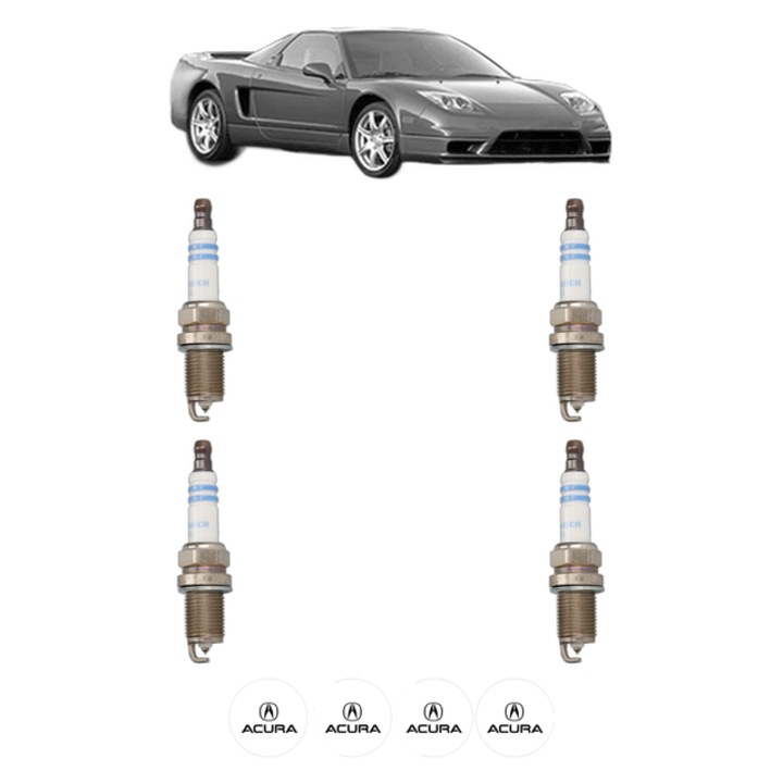 Set 4 Bujii Scanteie ACURA NSX 3.2 280 CP din 1997 - 2005, bujie motor, Bosch, 4x Stickere auto cu ACURA