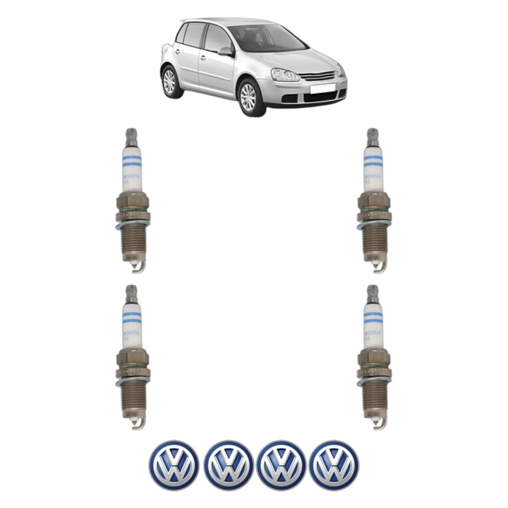 Set 4 Bujii Scanteie Volkswagen GOLF V (1K1) 1.4 TSI 140 CP din 2006 - 2008, bujie motor, Bosch, 4x Stickere auto cu Volkswagen