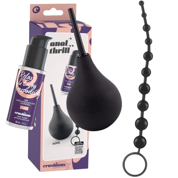 Set de jucarii anale, CRUSHIOUS, ANAL THRILL, clisma 90ml, lubrifiant 50ml, 10 bile, negru