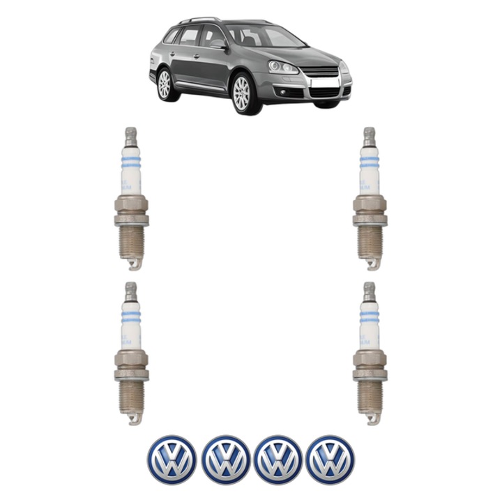 Set 4 Bujii Scanteie Volkswagen GOLF V Variant (1K5) 1.6 MultiFuel 102 CP din 2007 - 2009, bujie motor, Bosch, 4x Stickere auto cu Volkswagen