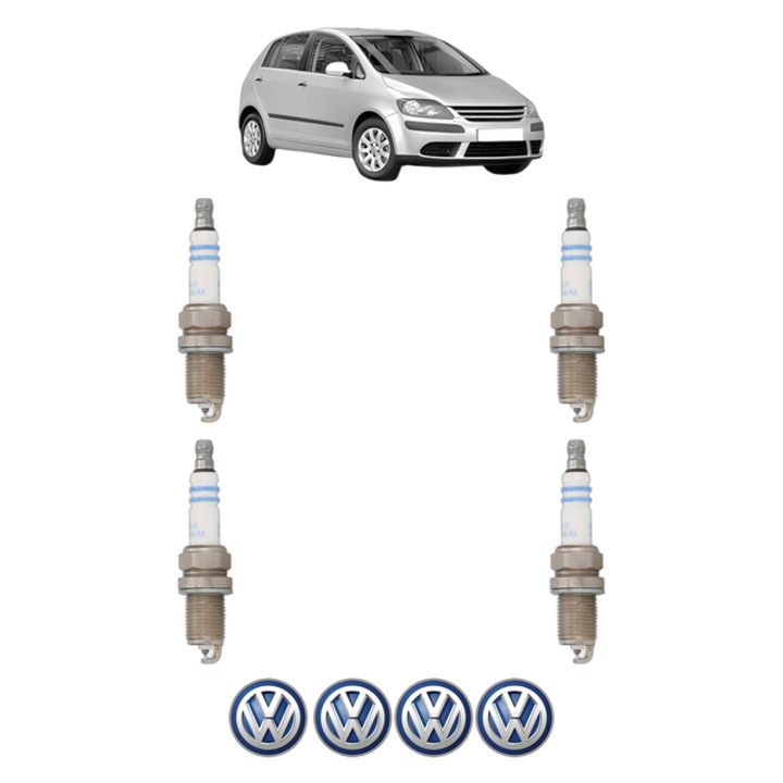 Set 4 Bujii Scanteie Volkswagen GOLF PLUS V (5M1, 521) 1.6 BiFuel 102 CP din 2009 - 2013, bujie motor, Bosch, 4x Stickere auto cu Volkswagen