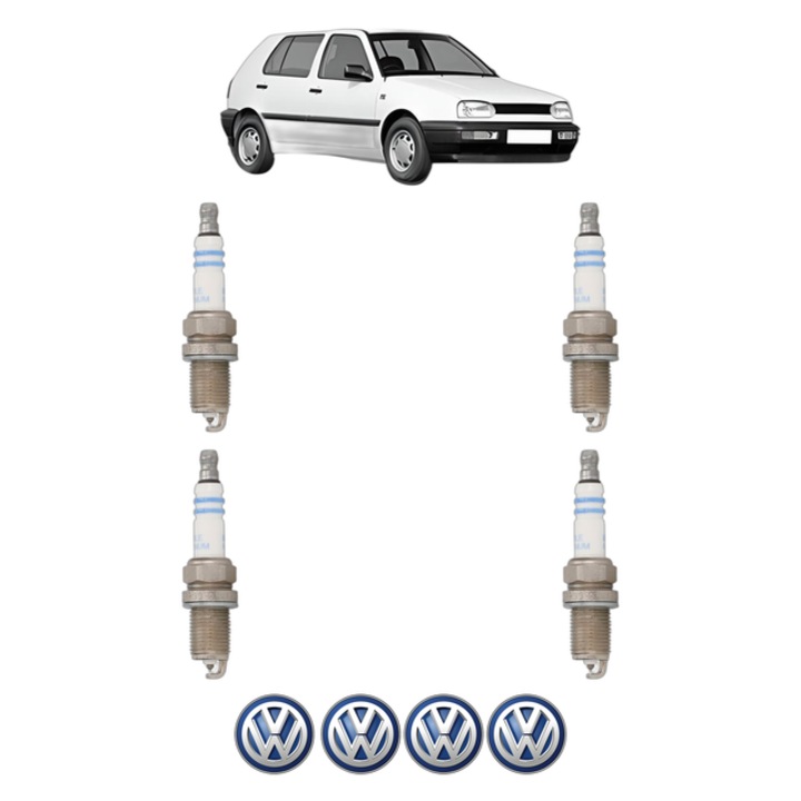 Set 4 Bujii Scanteie Volkswagen GOLF III (1H1) 2.0 GTI 16V 150 CP din 1992 - 1997, bujie motor, Bosch, 4x Stickere auto cu Volkswagen