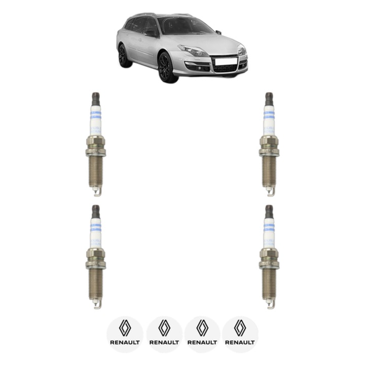 Set 4 Bujii Scanteie RENAULT LAGUNA III Grandtour (KT0/1) 3.5 V6 (KT0C, KT0P) 238 CP din 2008 - 2015, bujie motor, Bosch, 4x Stickere auto cu RENAULT