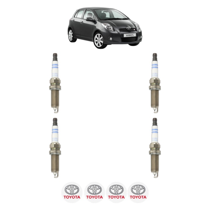 Set 4 Bujii Scanteie TOYOTA YARIS (_P9_) 1.33 VVT-i (NSP90_, NSP90R) 99 CP din 2010 - 2011, bujie motor, Bosch, 4x Stickere auto cu TOYOTA