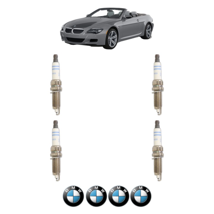 Set 4 Bujii Scanteie BMW Seria 6 Convertible (F12) 640 i xDrive 320 CP din 2013 - 2018, bujie motor, Bosch, 4x Stickere auto cu BMW