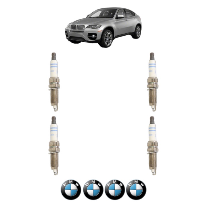 Set 4 Bujii Scanteie BMW Seria X6 (E71, E72) ActiveHybrid 485 CP din 2009 - 2011, bujie motor, Bosch, 4x Stickere auto cu BMW