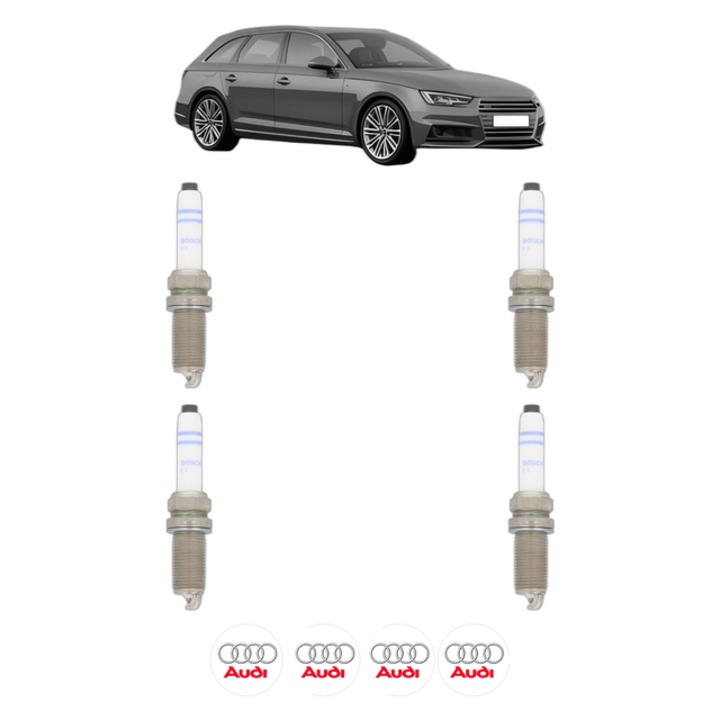 Set 4 Bujii Scanteie AUDI A4 B9 Avant (8W5, 8WD) 40 TFSI Mild Hybrid 190 CP din 2017, bujie motor, Bosch, 4x Stickere auto cu AUDI