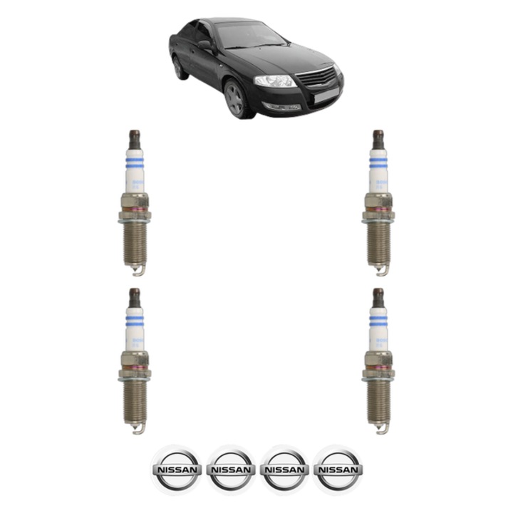 Set 4 Bujii Scanteie NISSAN ALMERA Classic (B10) 1.6 16V 107 CP din 2006, bujie motor, Bosch, 4x Stickere auto cu NISSAN
