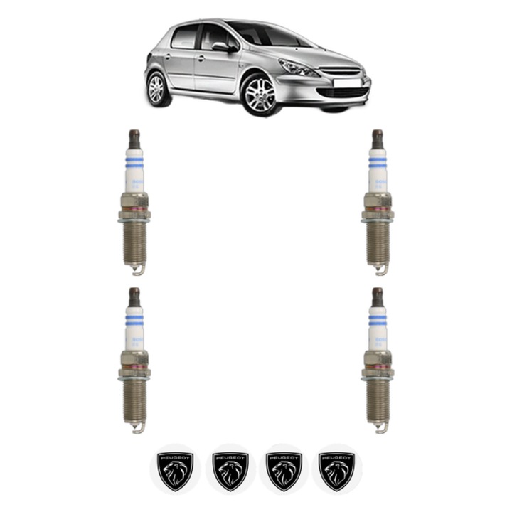 Set 4 Bujii Scanteie PEUGEOT 307 (3A/C) 2.0 16V 140 CP din 2005 - 2007, bujie motor, Bosch, 4x Stickere auto cu PEUGEOT