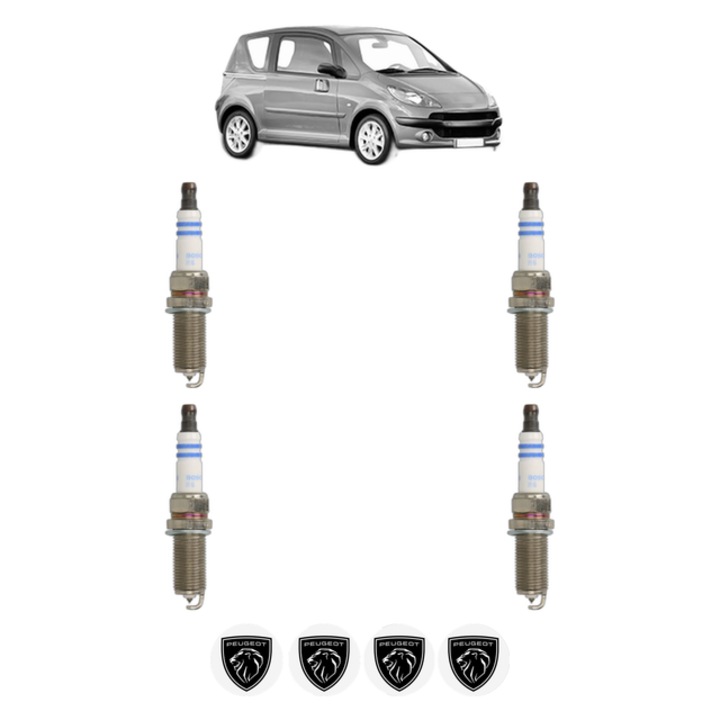 Set 4 Bujii Scanteie PEUGEOT 1007 (KM_) 1.6 16V 109 CP din 2005, bujie motor, Bosch, 4x Stickere auto cu PEUGEOT