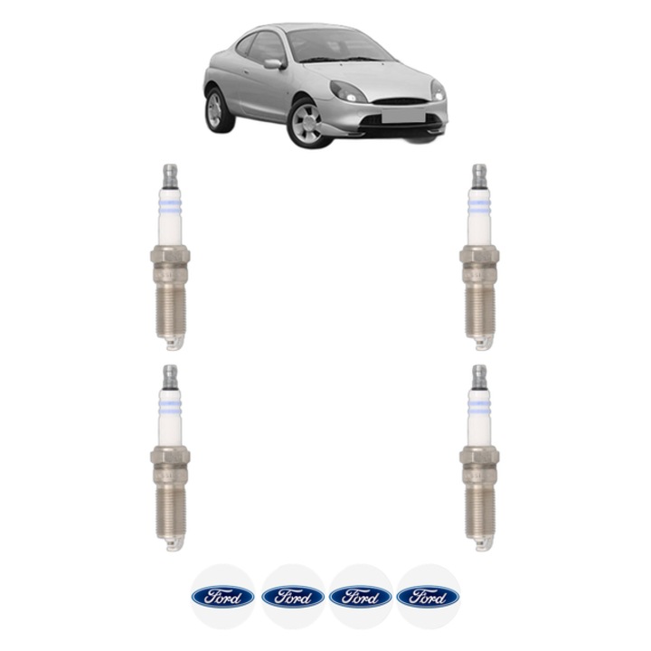 Set 4 Bujii Scanteie FORD PUMA (EC_) 1.6 16V 103 CP din 2000 - 2002, bujie motor, Bosch, 4x Stickere auto cu FORD