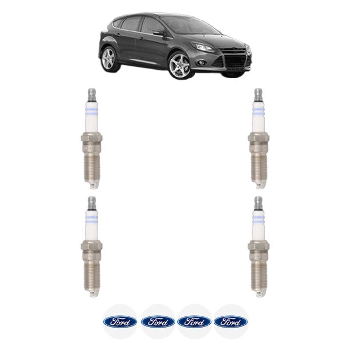 Set 4 Bujii Scanteie FORD FOCUS III 1.6 Ti 120 CP din 2012 - 2017, bujie motor, Bosch, 4x Stickere auto cu FORD