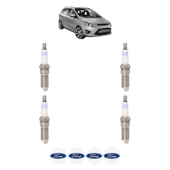Set 4 Bujii Scanteie FORD C-MAX II (DXA/CB7, DXA/CEU) 1.6 Flexifuel 120 CP din 2011 - 2019, bujie motor, Bosch, 4x Stickere auto cu FORD