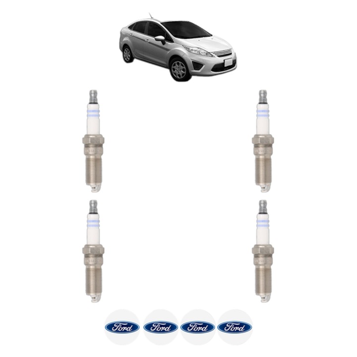 Set 4 Bujii Scanteie FORD FIESTA Saloon 1.6 Ti 120 CP din 2010 - 2017, bujie motor, Bosch, 4x Stickere auto cu FORD