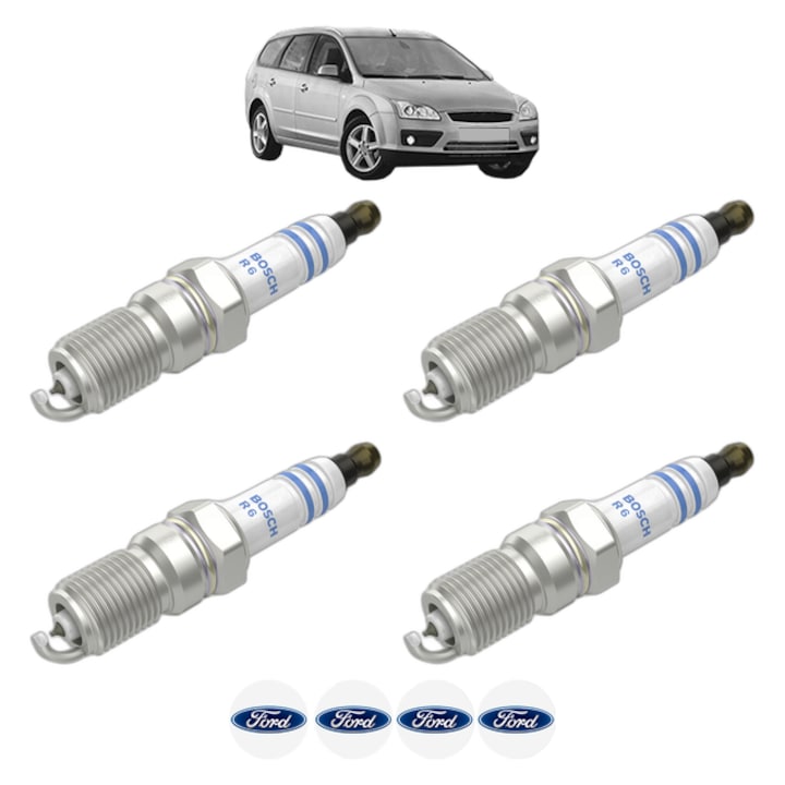 Set 4 Bujii Scanteie FORD FOCUS II Turnier (DA_, FFS, DS) 1.8 125 CP din 2006 - 2012, bujie motor, Bosch, 4x Stickere auto cu FORD
