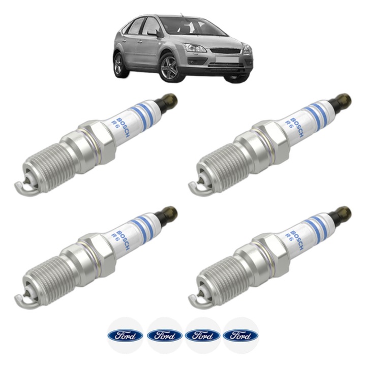 Set 4 Bujii Scanteie FORD FOCUS II (DA_, HCP, DP) 1.8 Flexifuel 125 CP din 2006 - 2012, bujie motor, Bosch, 4x Stickere auto cu FORD