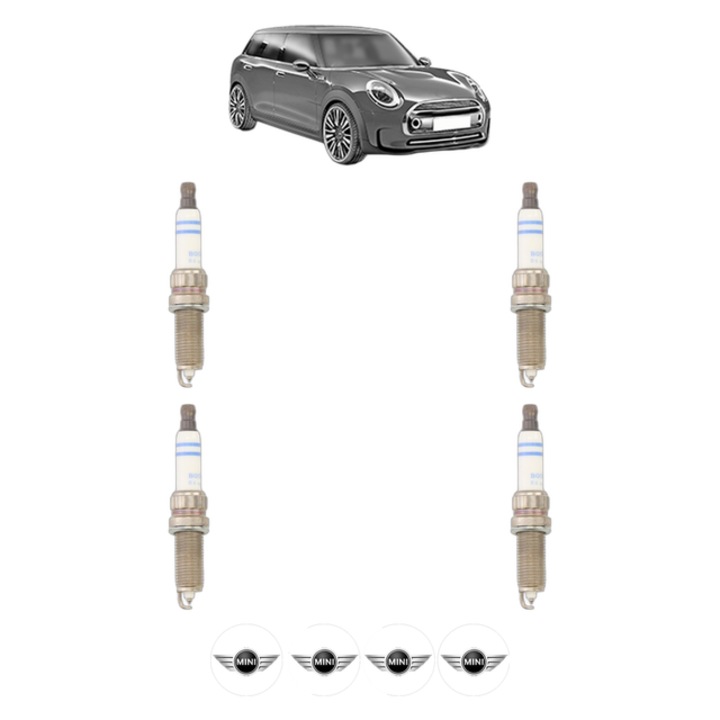 Set 4 Bujii Scanteie MINI MINI CLUBMAN (R55) Cooper 120 CP din 2007 - 2013, bujie motor, Bosch, 4x Stickere auto cu MINI