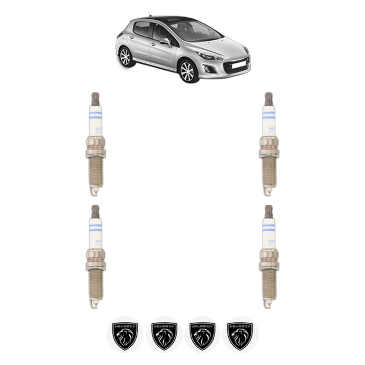 Set 4 Bujii Scanteie PEUGEOT 308 I (4A_, 4C_) 1.6 16V 140 CP din 2007 - 2014, bujie motor, Bosch, 4x Stickere auto cu PEUGEOT
