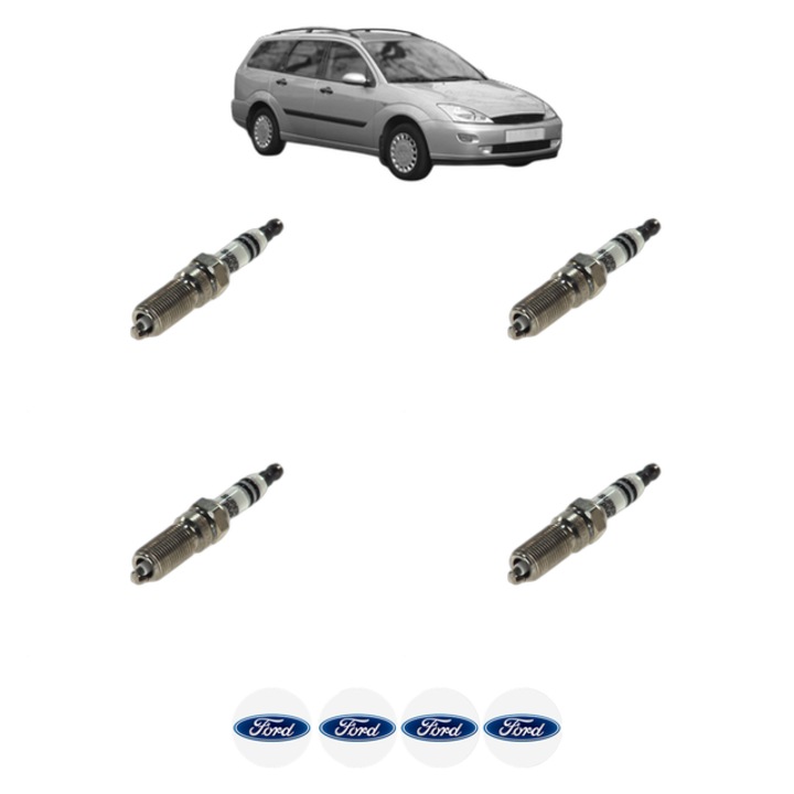 Set 4 Bujii Scanteie FORD FOCUS I Turnier (DNW) 1.8 16V 115 CP din 1999 - 2004, bujie motor, Bosch, 4x Stickere auto cu FORD