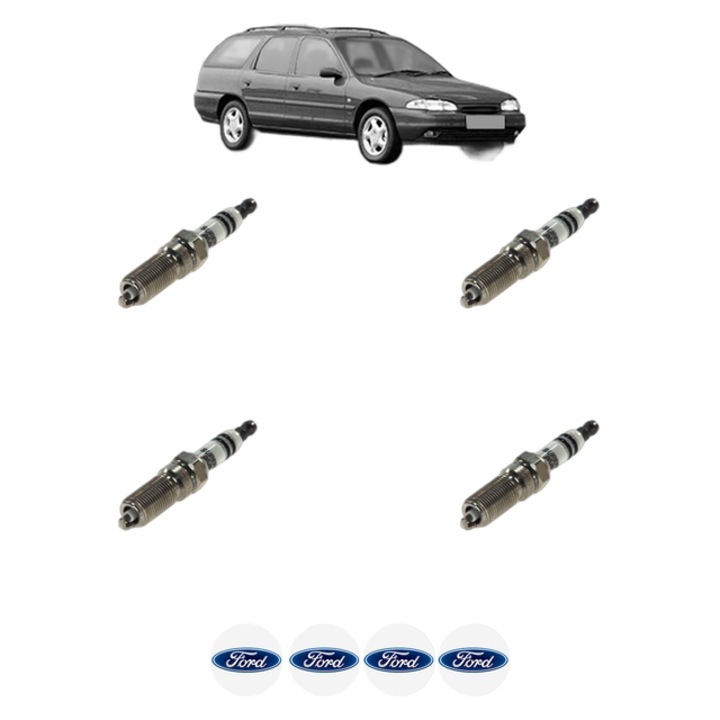 Set 4 Bujii Scanteie FORD MONDEO I Turnier (BNP) 1.6 i 16V 90 CP din 1993 - 1996, bujie motor, Bosch, 4x Stickere auto cu FORD