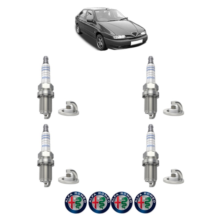 Set 4 Bujii Scanteie ALFA ROMEO 146 (930_) 1.8 i.e. 16V T.S. (930.B1A) 144 CP din 1998 - 2001, bujie motor, Bosch, 4x Stickere auto cu ALFA ROMEO