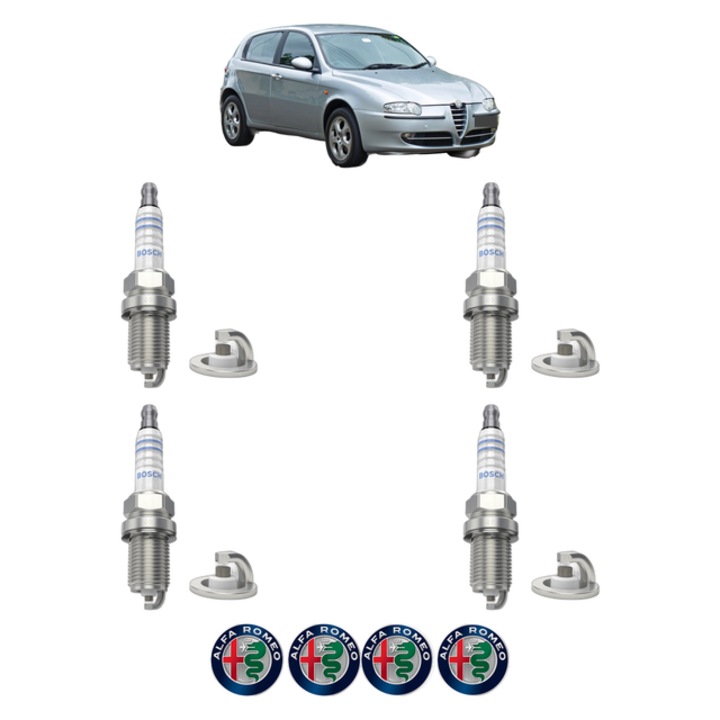 Set 4 Bujii Scanteie ALFA ROMEO 147 (937_) 1.6 LPG (937BXB1A) 120 CP din 2001 - 2009, bujie motor, Bosch, 4x Stickere auto cu ALFA ROMEO