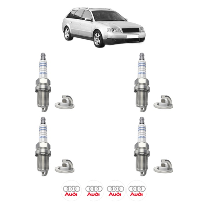 Set 4 Bujii Scanteie AUDI A6 C5 Avant (4B5, 4B6) 2.0 130 CP din 2001 - 2005, bujie motor, Bosch, 4x Stickere auto cu AUDI