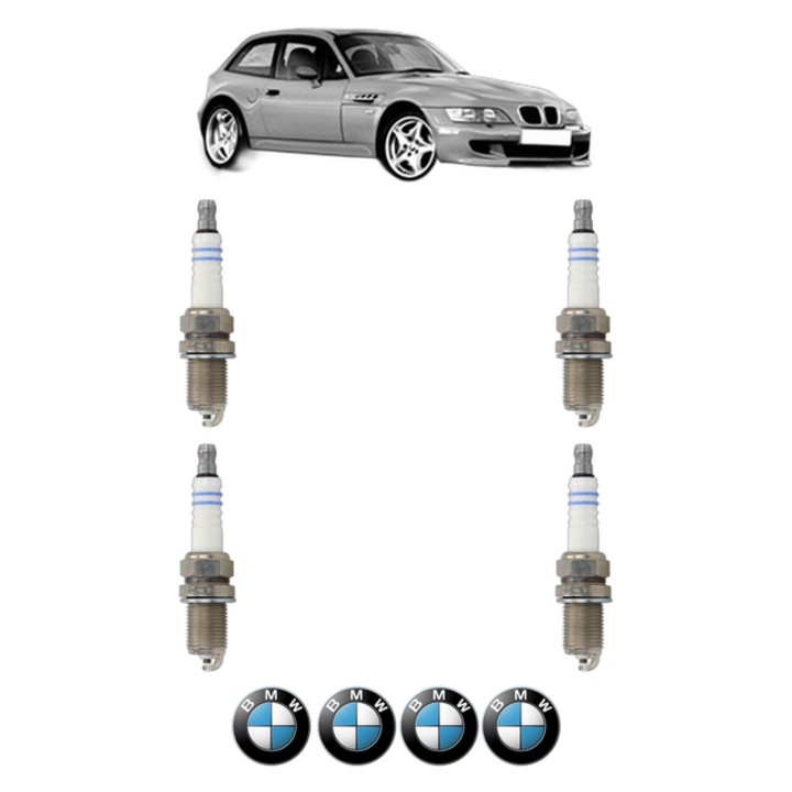 Set 4 Bujii Scanteie BMW Seria Z3 Coupe (E36) M 3.2 239 CP din 1998 - 2000, bujie motor, Bosch, 4x Stickere auto cu BMW
