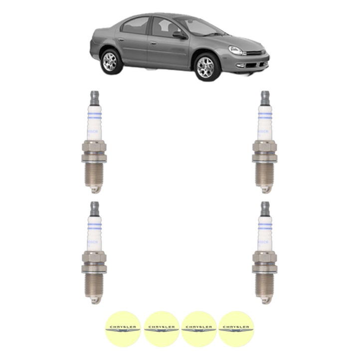 Set 4 Bujii Scanteie CHRYSLER NEON II 2.0 16V 131 CP din 2002 - 2006, bujie motor, Bosch, 4x Stickere auto cu CHRYSLER
