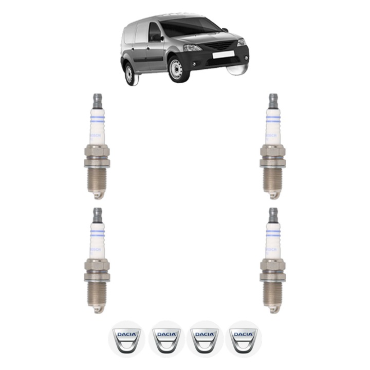 Set 4 Bujii Scanteie DACIA LOGAN EXPRESS (FS_) 1.6 MPI 85 84 CP din 2010, bujie motor, Bosch, 4x Stickere auto cu DACIA