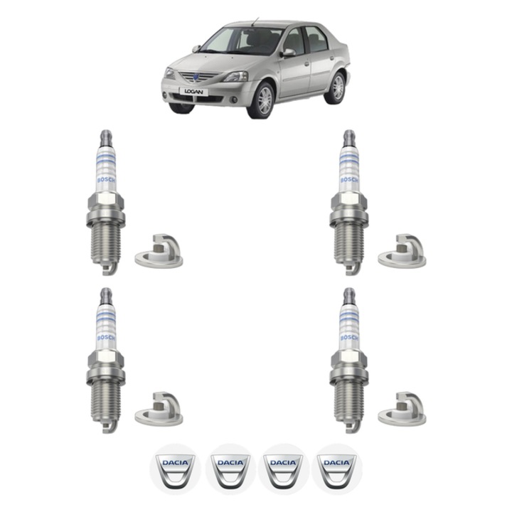 Set 4 Bujii Scanteie DACIA LOGAN (LS_) 1.4 (LS0A, LS0C, LS0E, LS0G) 75 CP din 2004, bujie motor, Bosch, 4x Stickere auto cu DACIA