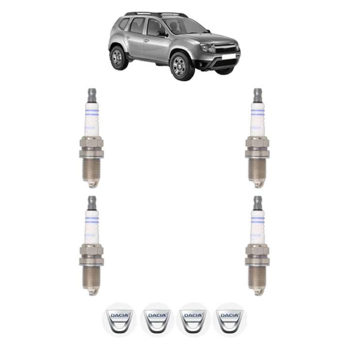 Set 4 Bujii Scanteie DACIA DUSTER (HS_) 1.6 16V 4x4 105 CP din 2010 - 2018, bujie motor, Bosch, 4x Stickere auto cu DACIA