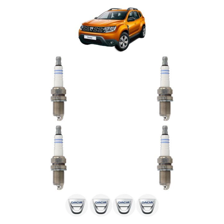 Set 4 Bujii Scanteie DACIA DUSTER SUV Van 1.6 16V 105 CP din 2011, bujie motor, Bosch, 4x Stickere auto cu DACIA