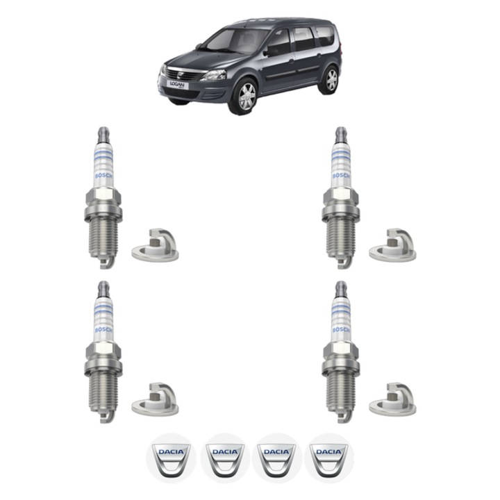 Set 4 Bujii Scanteie DACIA LOGAN MCV (KS_) 1.6 16V (KS0L, KS0M, KS0P, KS1S) 105 CP din 2007, bujie motor, Bosch, 4x Stickere auto cu DACIA