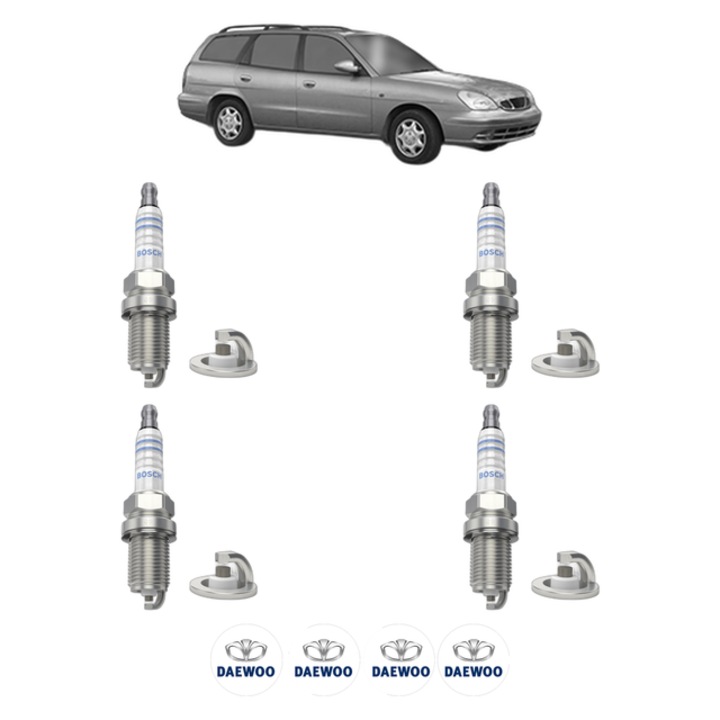 Set 4 Bujii Scanteie DAEWOO NUBIRA Estate (J150) 1.6 16V 106 CP din 1999 - 2002, bujie motor, Bosch, 4x Stickere auto cu DAEWOO