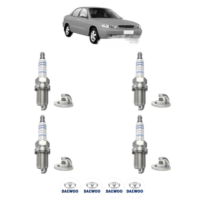 Set 4 Bujii Scanteie DAEWOO NUBIRA Saloon (J100) 1.6 16V 103 CP din 2000, bujie motor, Bosch, 4x Stickere auto cu DAEWOO