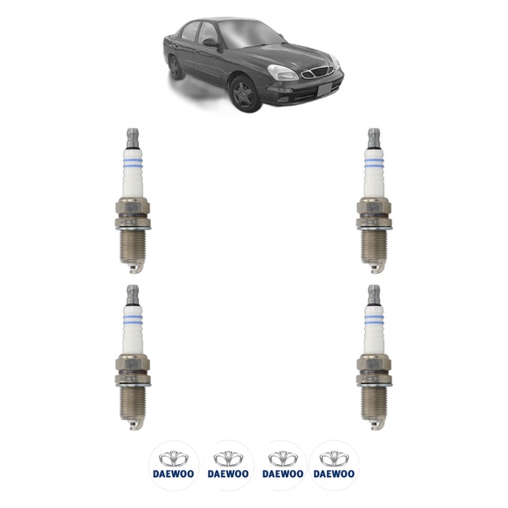 Set 4 Bujii Scanteie DAEWOO NUBIRA Saloon (J150) 1.6 16V 106 CP din 1999 - 2002, bujie motor, Bosch, 4x Stickere auto cu DAEWOO