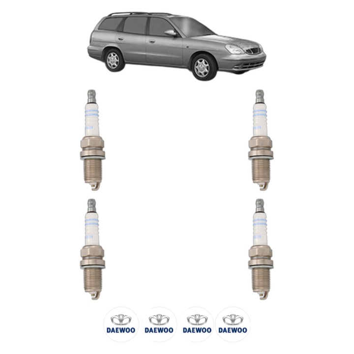 Set 4 Bujii Scanteie DAEWOO NUBIRA Estate (J150) 1.6 16V 106 CP din 1999 - 2002, bujie motor, Bosch, 4x Stickere auto cu DAEWOO