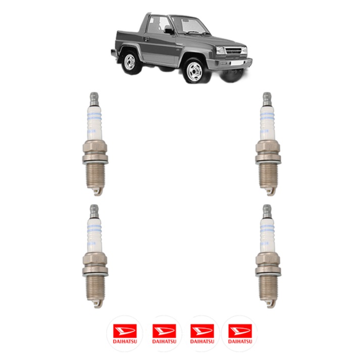 Set 4 Bujii Scanteie DAIHATSU FEROZA Soft Top (F300) 1.6 i 16V 95 CP din 1988 - 1999, bujie motor, Bosch, 4x Stickere auto cu DAIHATSU