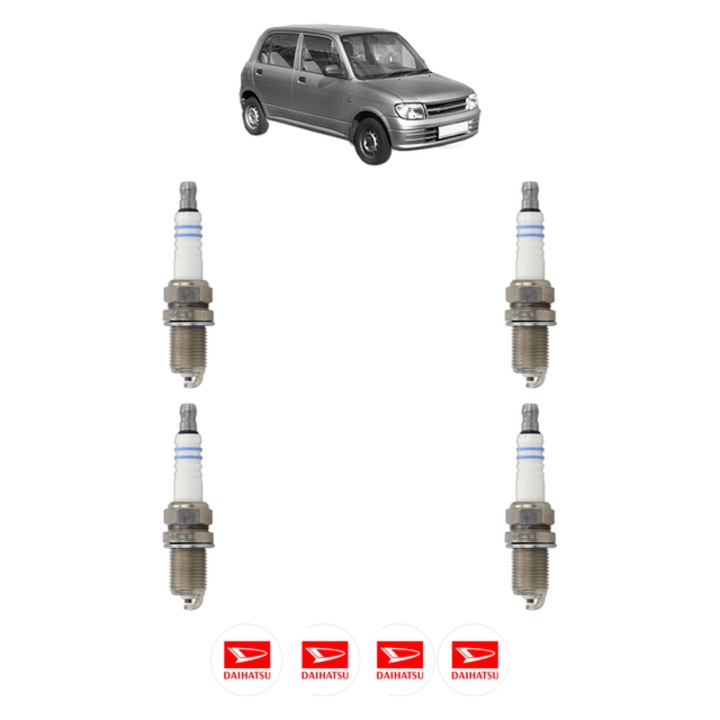 Set 4 Bujii Scanteie DAIHATSU CUORE V (L7_) 1.0 DVVT (L700S) 58 CP din 2000 - 2003, bujie motor, Bosch, 4x Stickere auto cu DAIHATSU