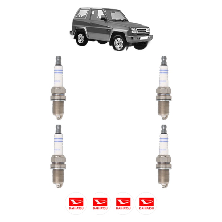 Set 4 Bujii Scanteie DAIHATSU FEROZA Hard Top (F300) 1.6 16V 4x4 86 CP din 1988 - 1999, bujie motor, Bosch, 4x Stickere auto cu DAIHATSU