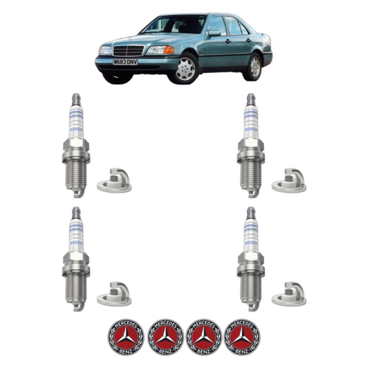 Set 4 Bujii Scanteie MERCEDES-BENZ C-CLASS (W202) C 280 (202.028) 193 CP din 1993 - 2000, bujie motor, Bosch, 4x Stickere auto cu MERCEDES-BENZ