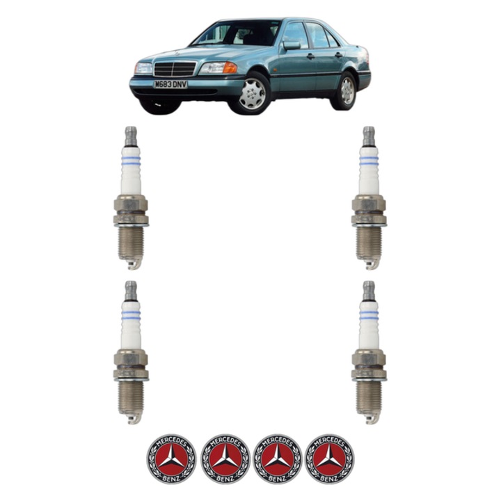 Set 4 Bujii Scanteie MERCEDES-BENZ C-CLASS (W202) C 180 (202.018) 121 CP din 1994 - 2000, bujie motor, Bosch, 4x Stickere auto cu MERCEDES-BENZ