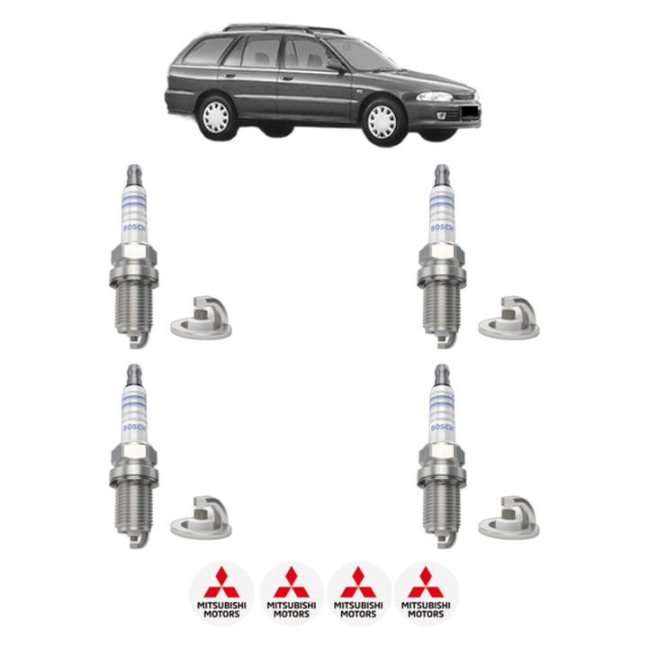Set 4 Bujii Scanteie MITSUBISHI LANCER V Station Wagon (CB_W, CD_W) 1.8 i (CB5W) 120 CP din 1995 - 2003, bujie motor, Bosch, 4x Stickere auto cu MITSUBISHI