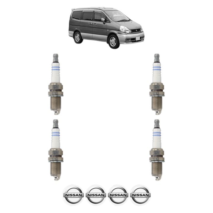 Set 4 Bujii Scanteie NISSAN SERENA (C23) 1.6 97 CP din 1993 - 2001, bujie motor, Bosch, 4x Stickere auto cu NISSAN