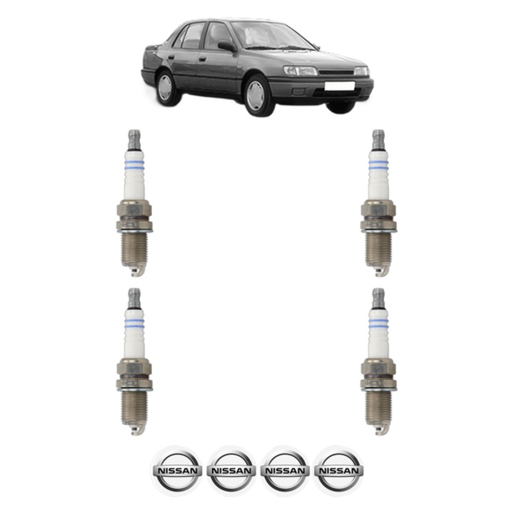 Set 4 Bujii Scanteie NISSAN SUNNY III (N14, B13) 1.6 i 16V 102 CP din 1992 - 1995, bujie motor, Bosch, 4x Stickere auto cu NISSAN