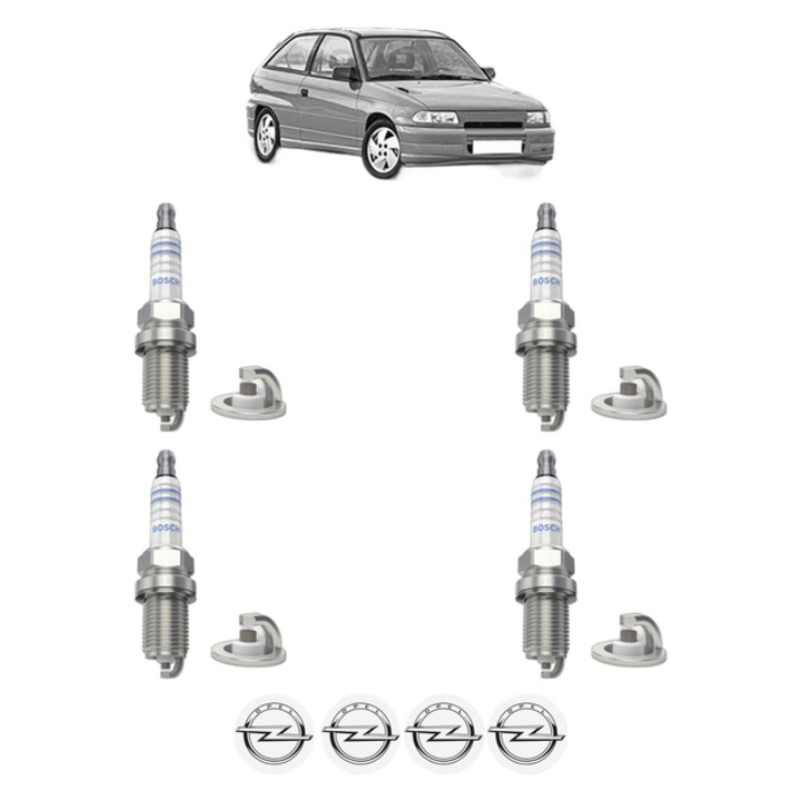 Set 4 Bujii Scanteie OPEL ASTRA F Hatchback (T92) 1.6 i (F08, M08, F68, M68) 75 CP din 1991 - 1998, bujie motor, Bosch, 4x Stickere auto cu OPEL