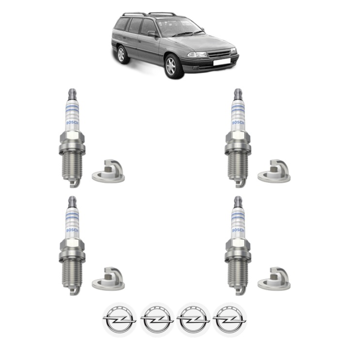 Set 4 Bujii Scanteie OPEL ASTRA F Estate (T92) 1.6 (F35, M35) 75 CP din 1995 - 1998, bujie motor, Bosch, 4x Stickere auto cu OPEL